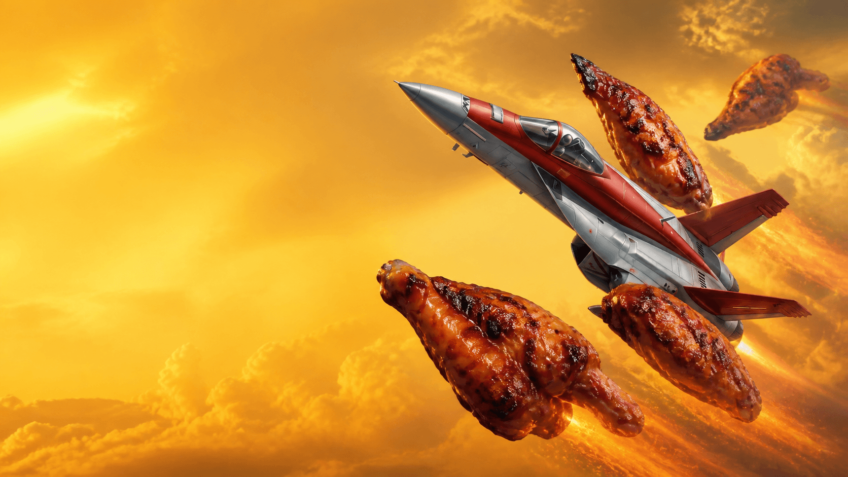 Char-marked grilled chicken wings flying beside a red jet through a golden sky