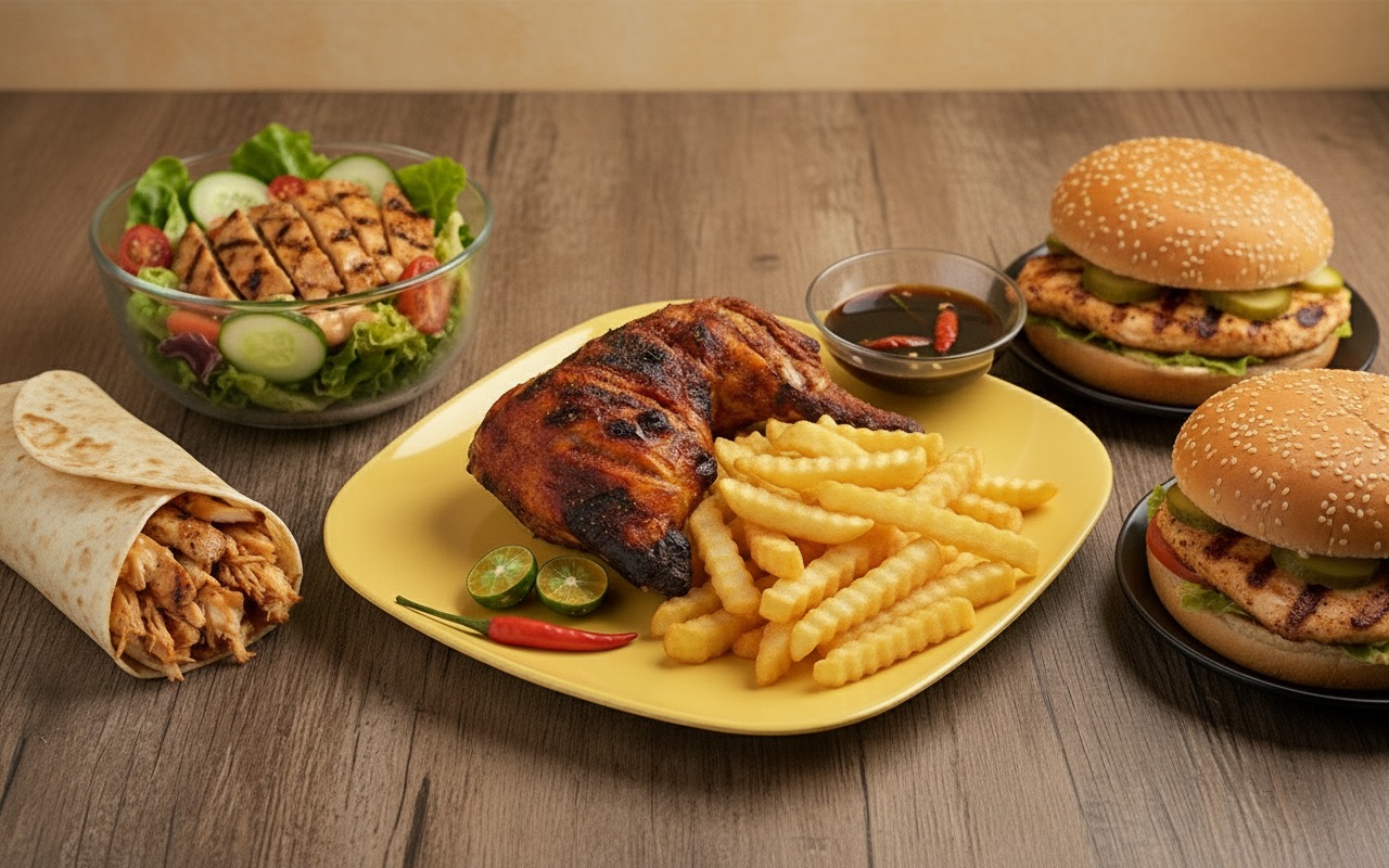 Filipino flame-grilled chicken inasal with rice and sides